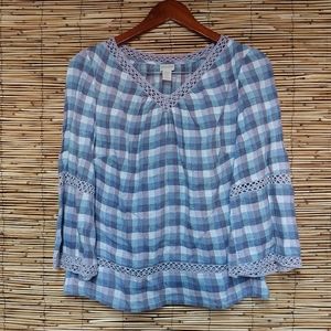 Chico's Petite  Linen Crochet detail Gingham Popover Top Size SP